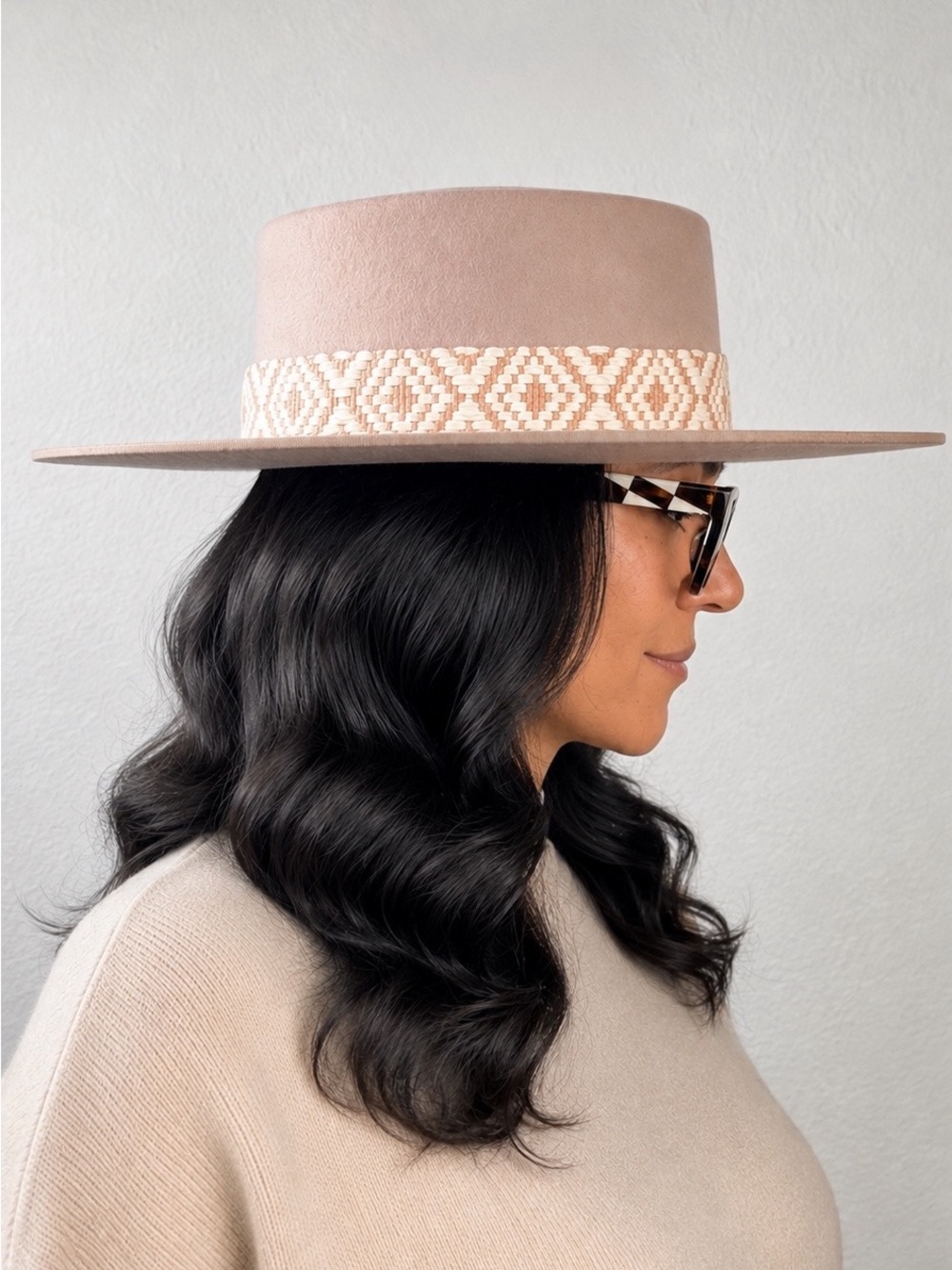 Olive & Pique NWT Cream Boho Tribal Band Adjustable Wide Brim Wool Hat